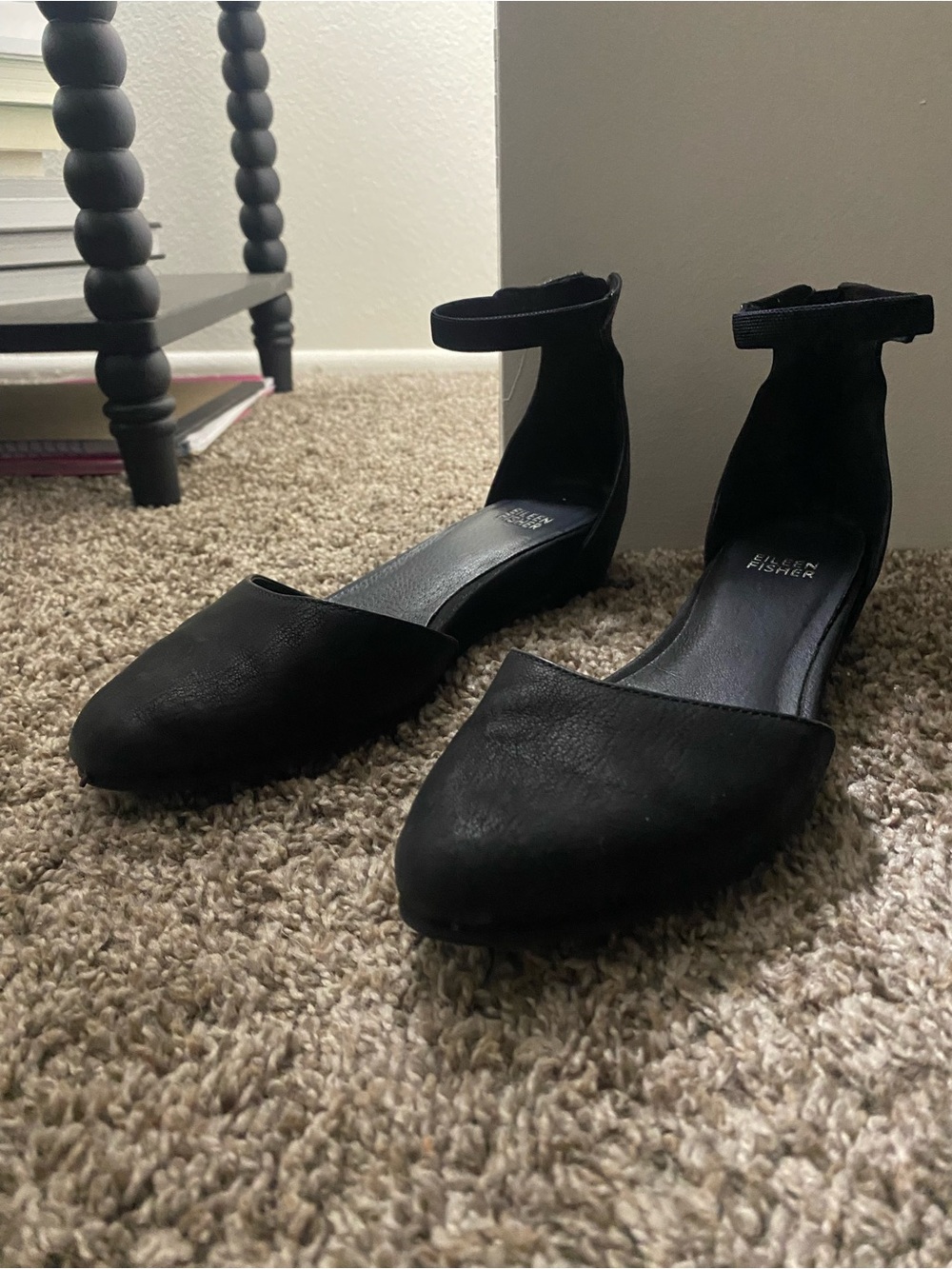 Eileen Fisher Black Pointed-Toe Ankle-Strap Flats